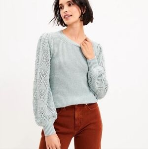 🛍 Loft 100% Cotton Light Green Knit Pointelle Bobble Sleeves Sweater Size LP